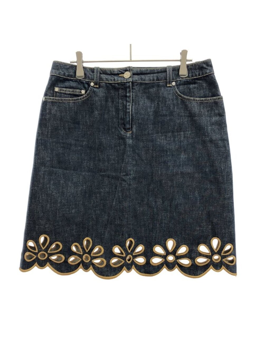 Celine Vintage Flower Cutwork Denim Skirt 2 Indigo Blue 40